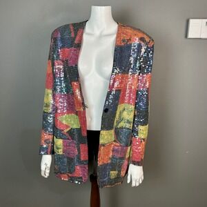 Sandy Starkman Blazer Jacket Large VTG Sequin Patchwork 80s Maximalist Glam